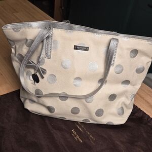Kate Spade Cream and Silver Polka Dot Tote Bag